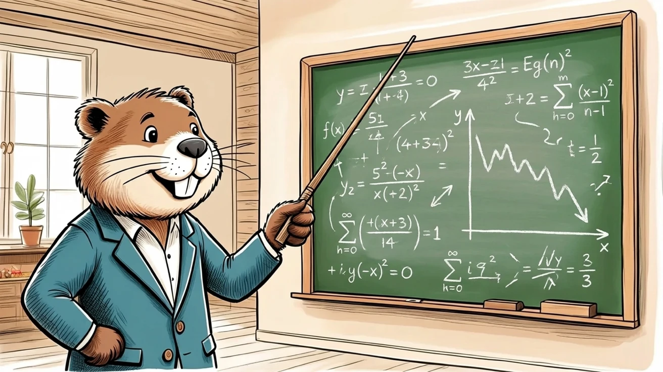 Cartoon beaver in a blazer at a chalkboard covered in playful mathematical equations, evoking the economics of scaling a screen network.