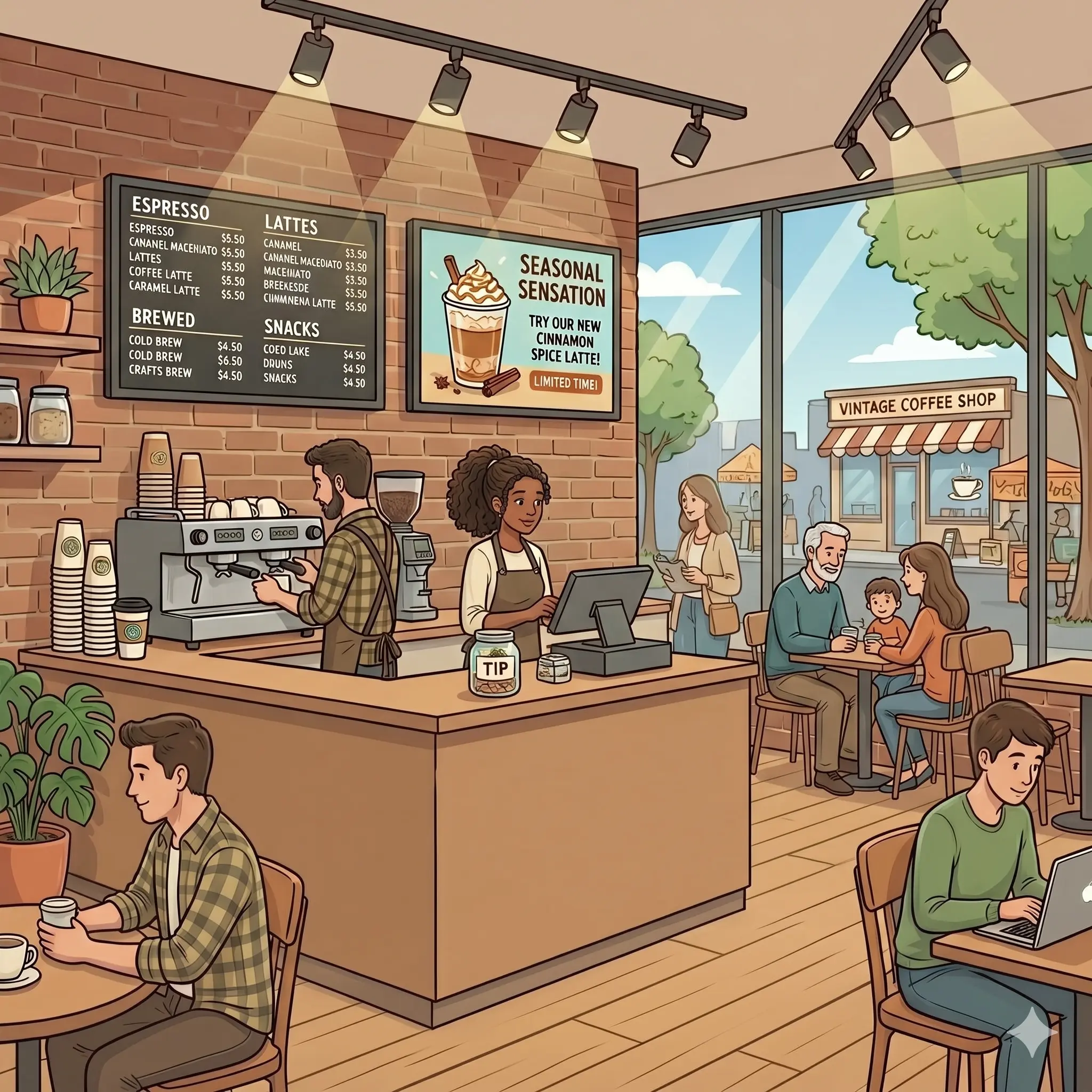 Cartoon illustration of a coffee shop counter with a digital menu board, a barista, and customers.
