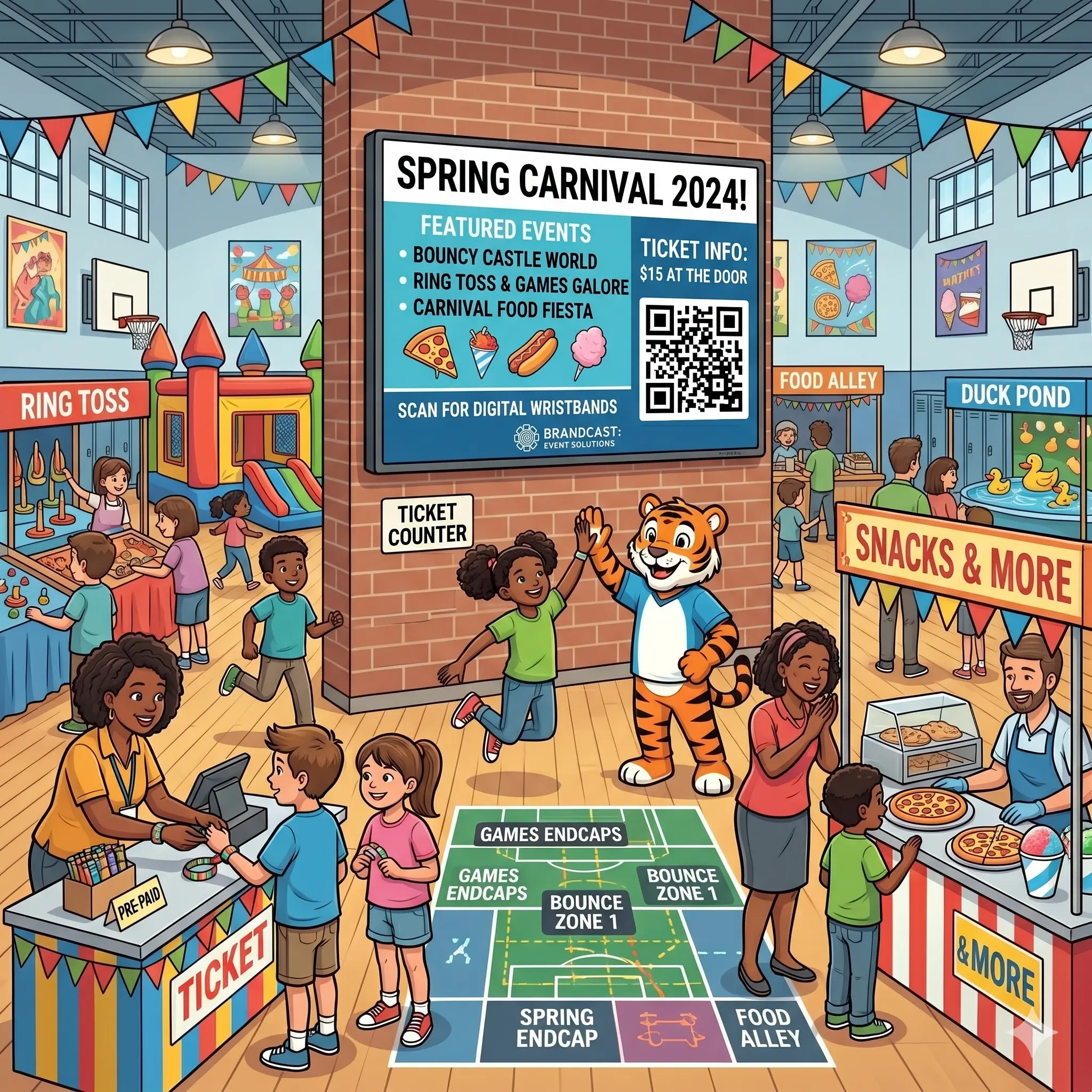 Cartoon illustration of a school hallway with a digital announcement display, students passing through, and lockers.