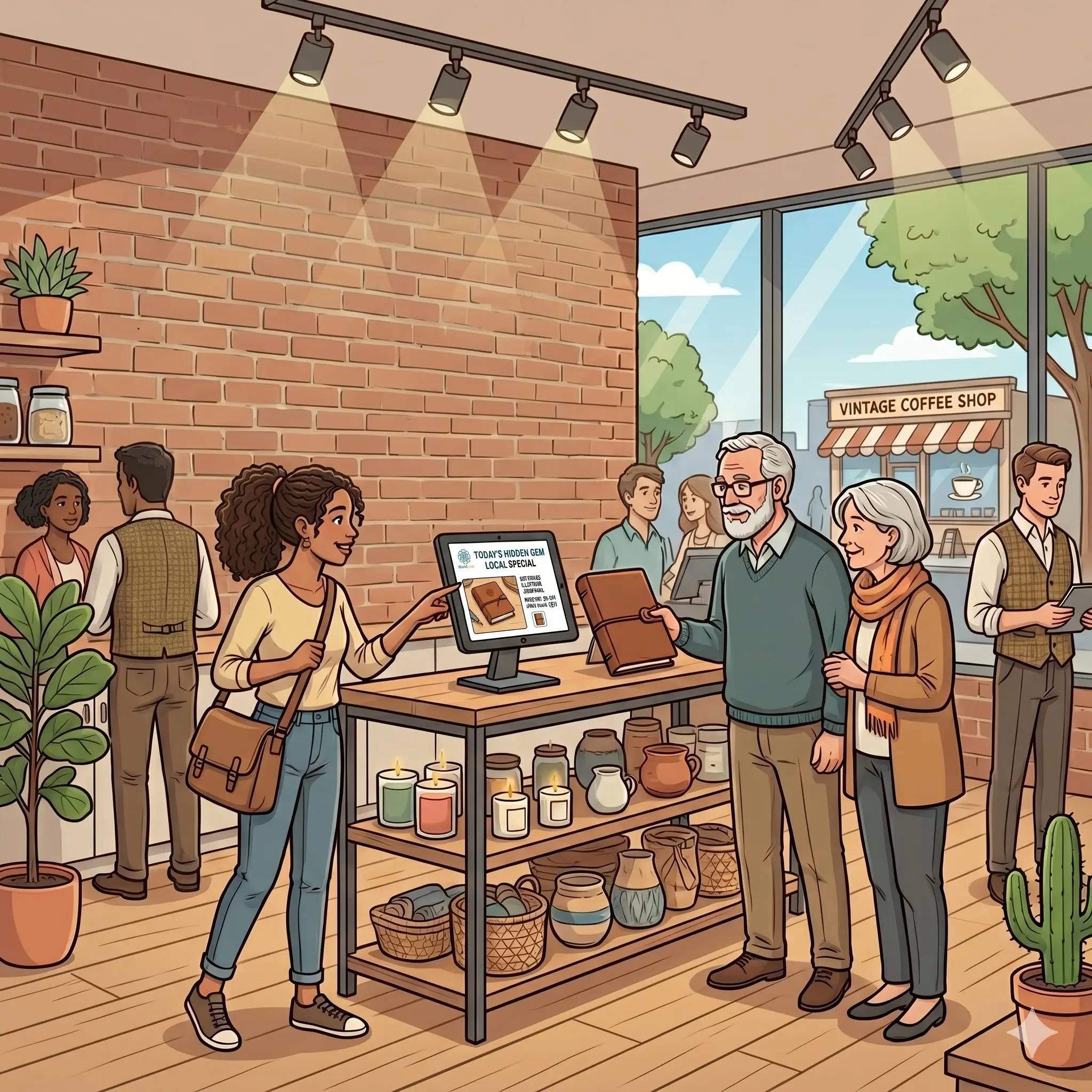 Cartoon illustration of a retail storefront with shoppers browsing aisles and a digital display at the entrance.