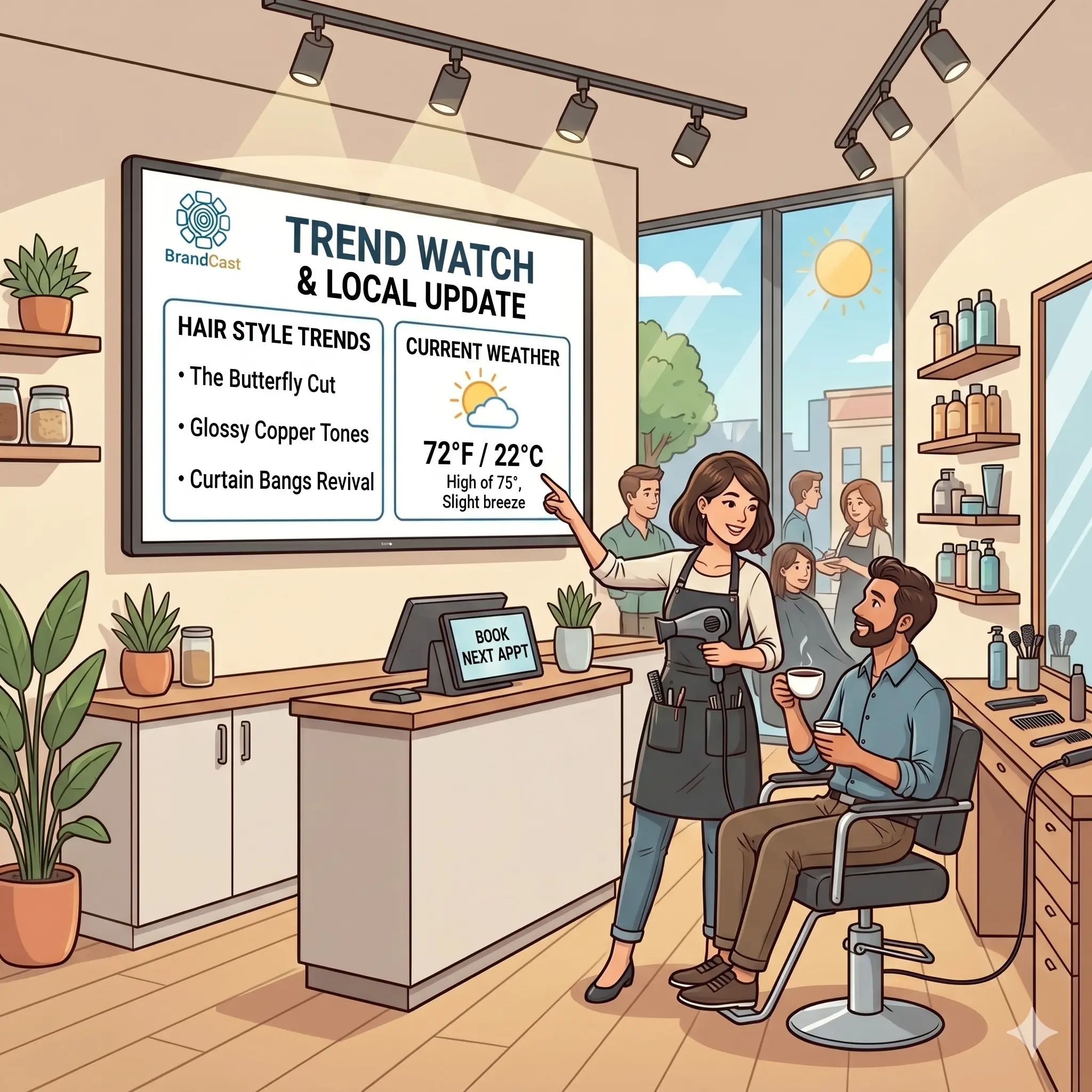 Cartoon illustration of a salon with a stylist at a chair, a portfolio display, and a waiting client.