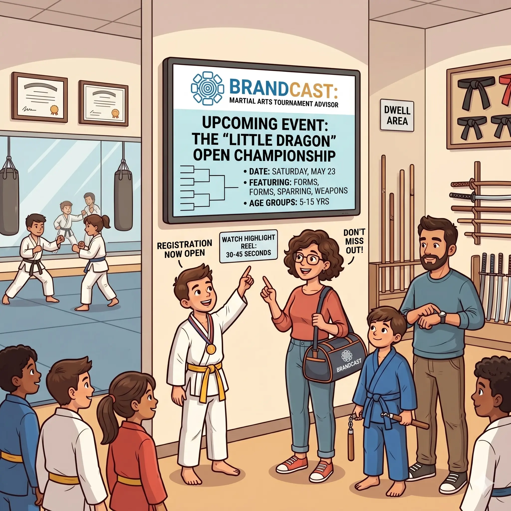 Cartoon illustration of a dance studio with students mid-routine and parents waiting in the lobby.