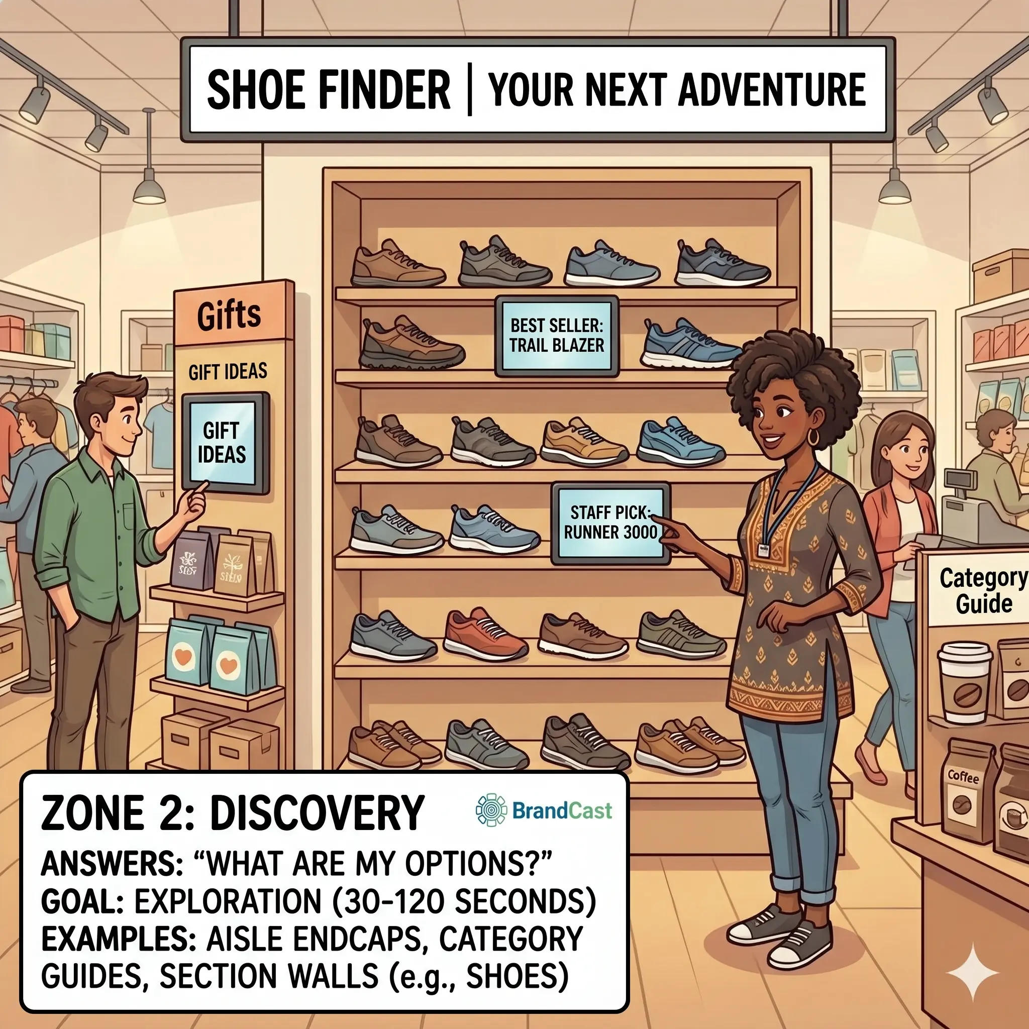 Discovery zone illustration — a cartoon scene showing the discovery part of a customer's experience.