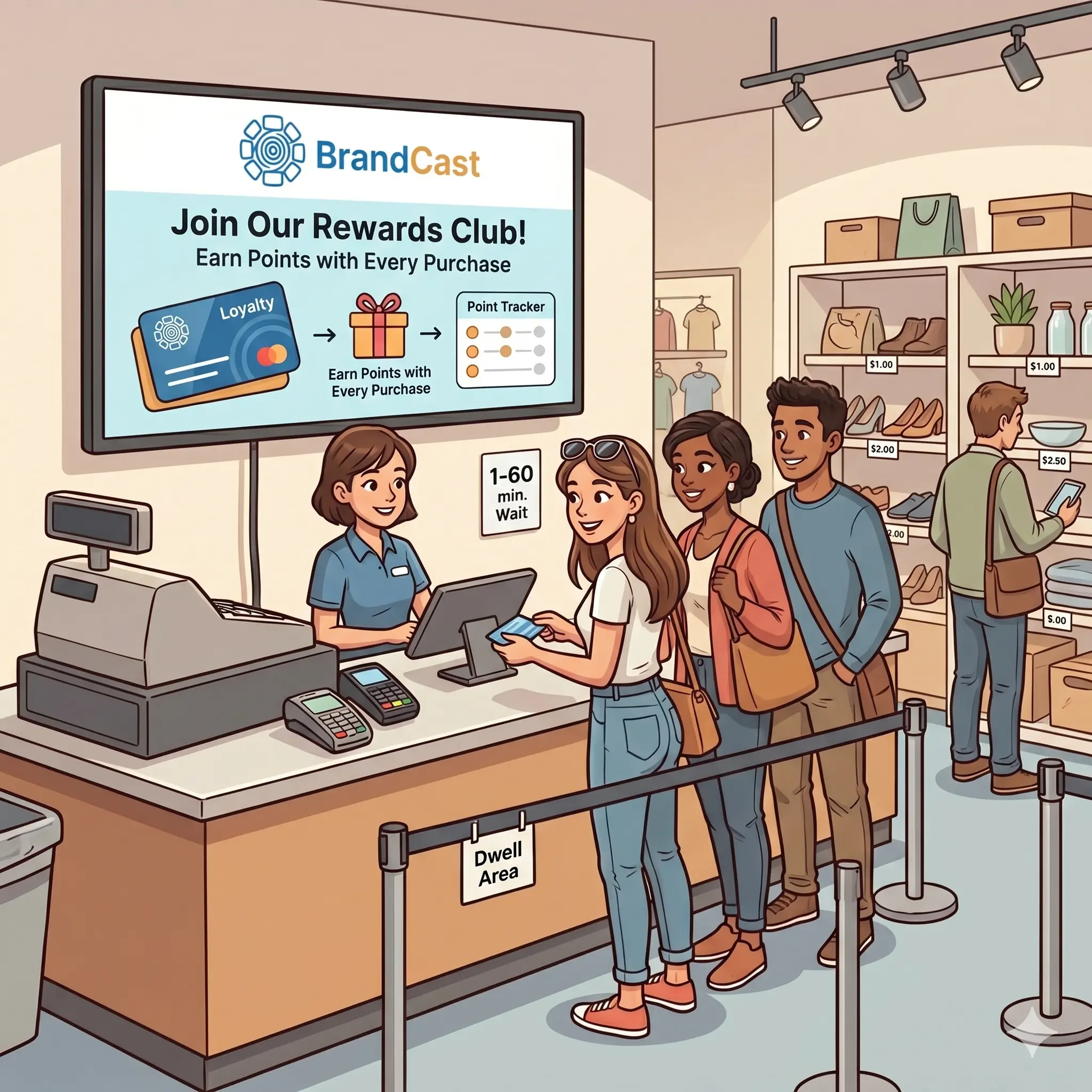 Engage zone illustration — a cartoon scene showing the engage part of a customer's experience.