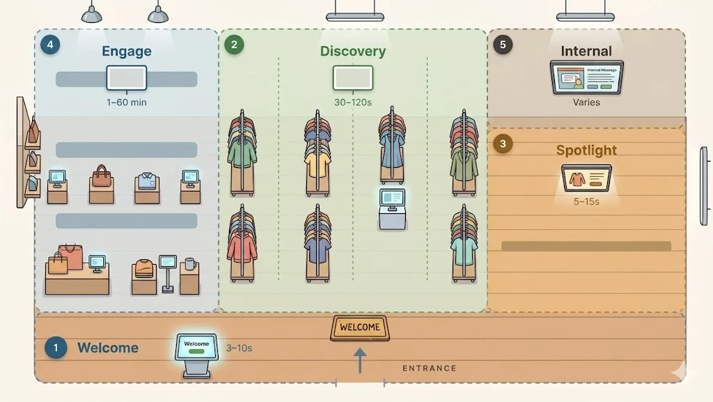 Top-down stylized floor plan of a retail space showing the five BrandCast zones — Welcome at the entrance, Discovery in the aisles, Spotlight at the counter, Engage in the lounge, Internal in the back of house — each with a screen and dwell-time label.