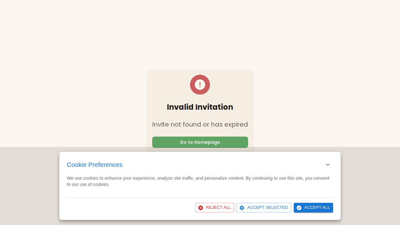 The Invalid Invitation error page shown for an expired or invalid invite link