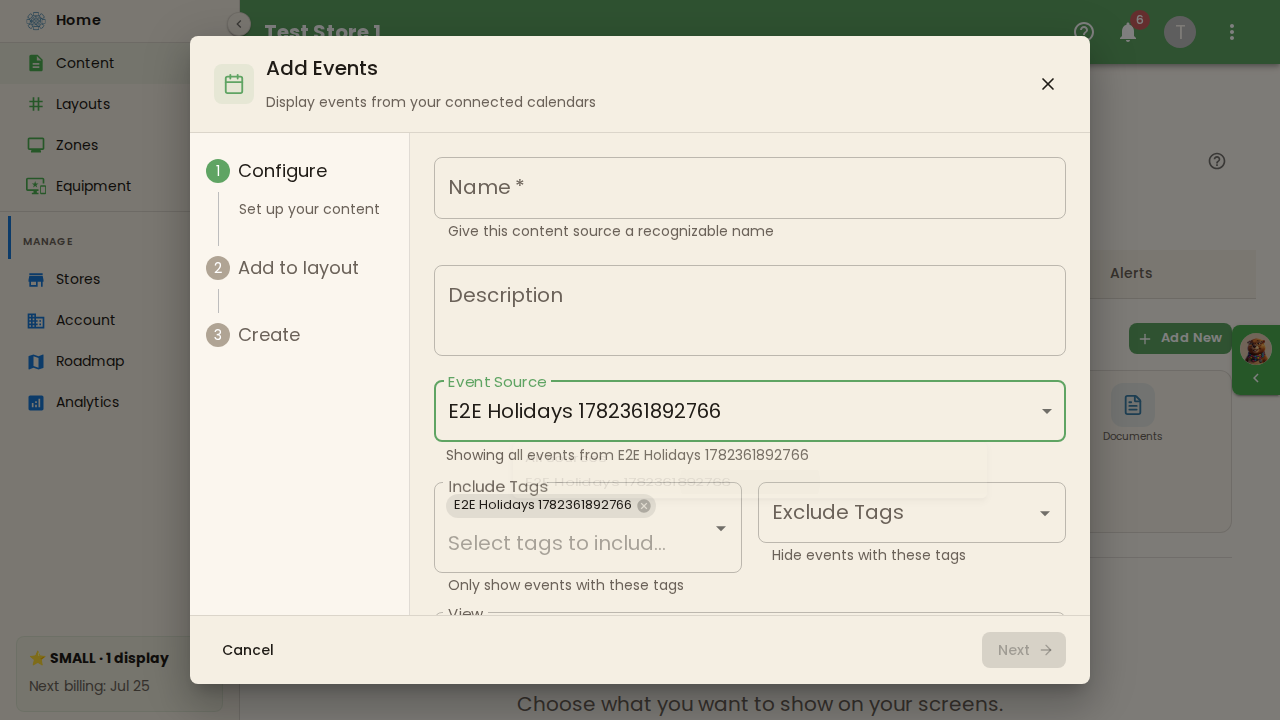The Add Events dialog with the Event Source dropdown listing a synced calendar source