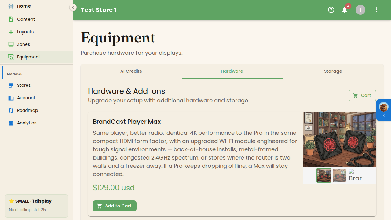 The Hardware tab showing a BrandCast Player card with its description, price, and Add to Cart button