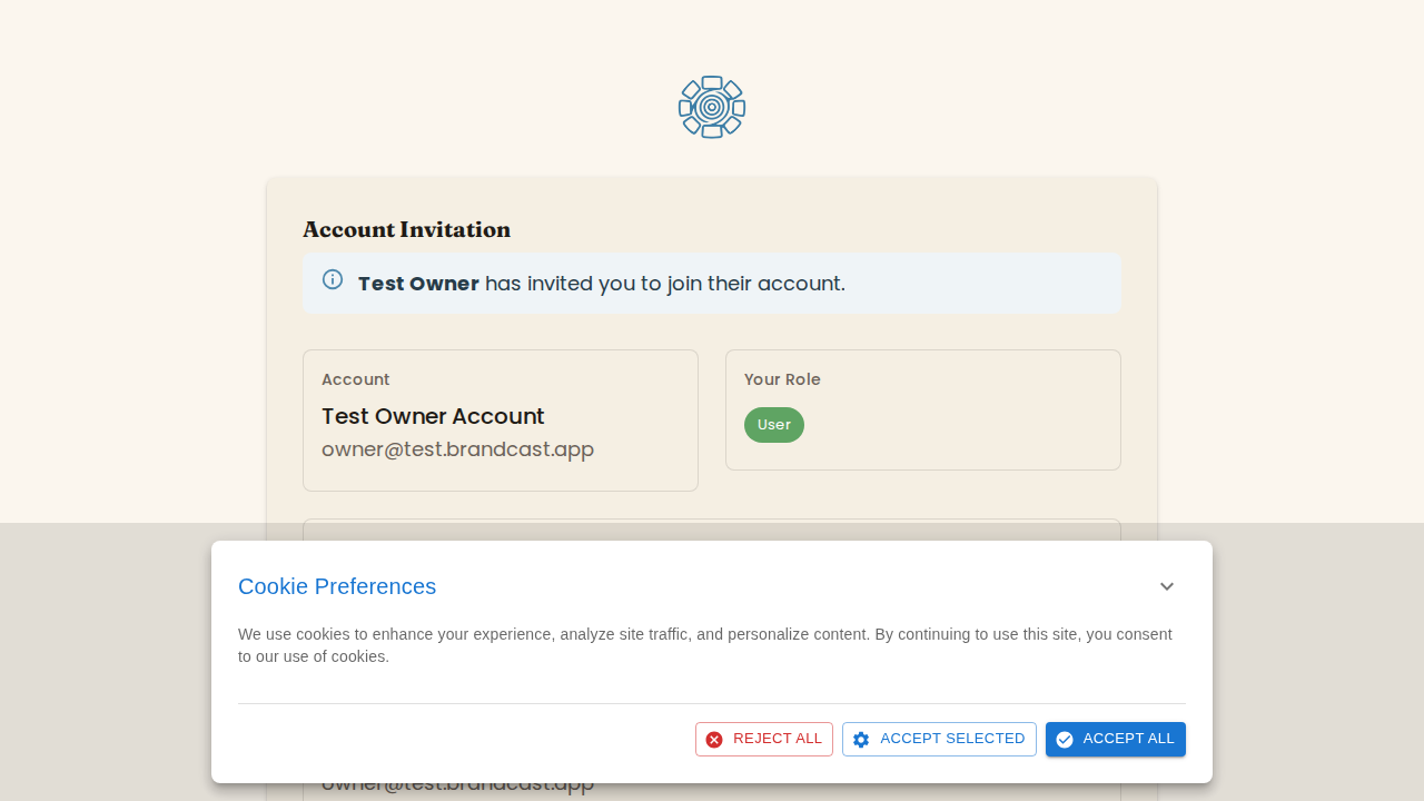 The Account Invitation page showing the account name and an Accept Invitation button