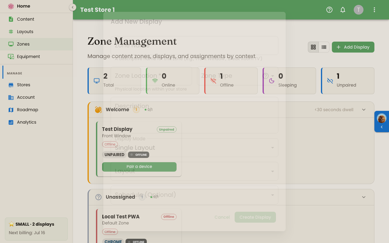 The Add New Display dialog showing zone name, location, type, display mode, layout, and schedule fields