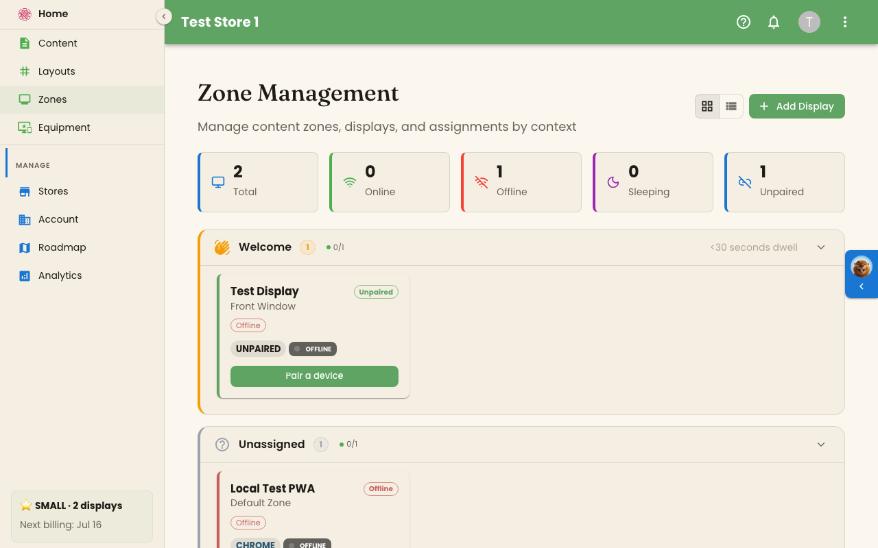 Zone Management page showing the status summary strip and expandable zone sections