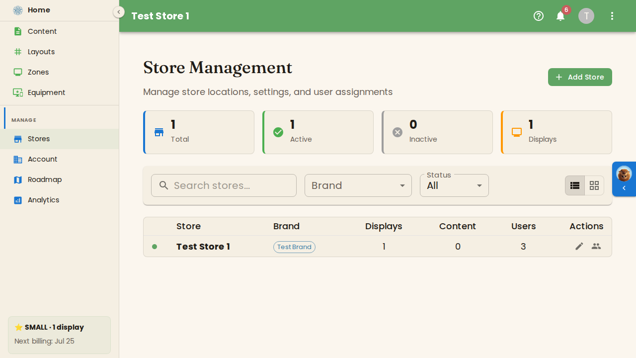 The Store Management page in table view, listing stores with their brand and usage counts
