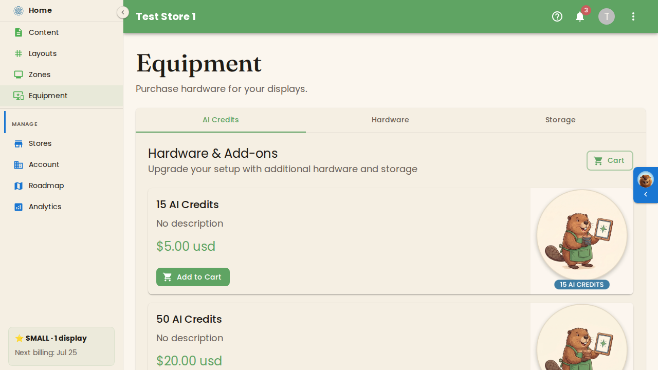 The Equipment storefront on the AI Credits tab, showing product cards with prices and Add to Cart buttons