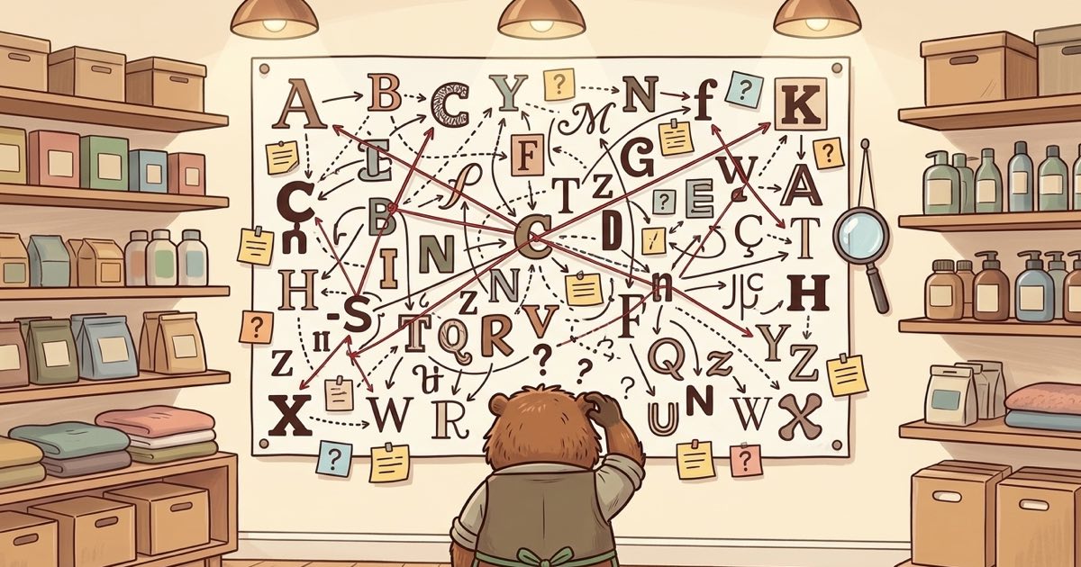 A cartoon beaver shopkeeper scratching its head in front of an absurdly complicated wall map of mismatched fonts, all linked by red string, arrows, and sticky notes